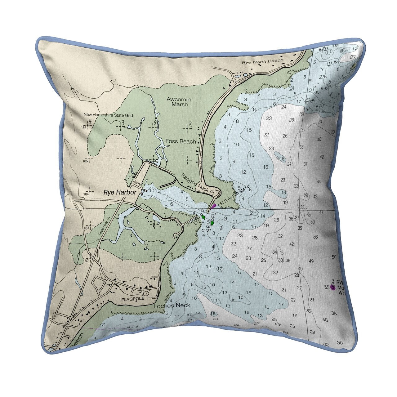 Betsy Drake Rye Harbor, NH Nautical Map Large Corded Indoor/Outdoor Pillow 18x18